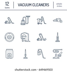 Vacuum cleaners flat line icons. Different vacuums types - industrial, household, handheld, robotic, canister, wet dry. Thin linear signs for housework equipment shop.