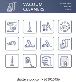 Vacuum cleaners flat line icons. Different vacuums types - industrial, household, handheld, robotic, canister, wet dry. Thin linear signs for housework equipment shop.