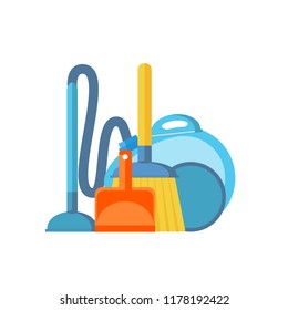 Vacuum cleaner,scoop and broom isolated on white background. Cleaning. Stock flat vector illustration.