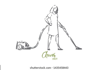 Vacuum cleaning concept sketch. Isolated vector illustration