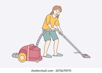 Vacuum cleaning and housework concept. Smiling girl cartoon character standing making vacuum cleaning at work vector illustration 