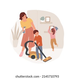 Vacuum Cleaning Isolated Cartoon Vector Illustration. Kid And Mom Vacuum Cleaning In A Living Room, Home Maintenance, Doing Housework Together, Daily Routine, House Appliance Vector Cartoon.