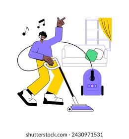 Ilustraciones aisladas de vector de dibujos animados de limpieza al vacío. Hombre joven que escucha la música y la limpieza al vacío en la sala de estar, rutina en el hogar, tareas diarias, equipo de limpieza vector de dibujos animados.