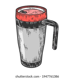 Vacuum flask cup with handle color. Sketch scratch board imitation.