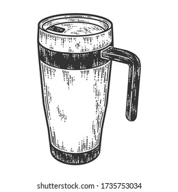 Vacuum flask cup with handle. Sketch scratch board imitation. Black and white. Engraving vector illustration.