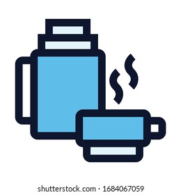 Vacuum Flask and Cup with Hot Water. Simple Vector Color Icon.