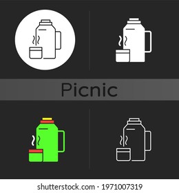Vacuum flask dark theme icon. Keeping coffee and tea hot. Thermos flask. Leak-proof mug. Heat leaving prevention. Linear white, simple glyph and RGB color styles. Isolated vector illustrations