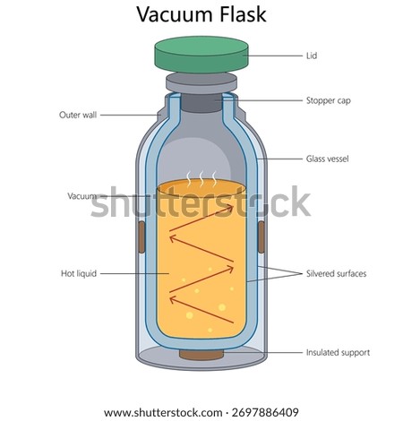 vacuum flask showing insulation design, glass vessel, vacuum layer, and heat retention mechanism for hot liquids diagram hand drawn schematic raster. Science educational illustration
