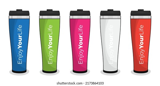 Vacuum flask or thermos in cup design with blue green pink white and orange color design