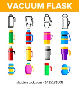Vacuum Flasks And Bottles Vector Color Icons Set. Eco Flasks, Takeaway Hot Drink Linear Symbols Pack. Metal Container For Takeout Coffee And Tea. Travel Mugs And Cups Isolated Flat Illustrations