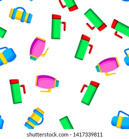 Vacuum Flasks And Bottles Vector Color Icons Seamless Pattern. Eco Flasks, Takeaway Hot Drink Linear Symbols Pack. Metal Container For Takeout Coffee And Tea. Travel Mugs And Cups Illustration