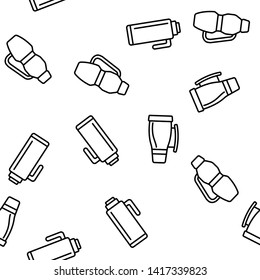 Vacuum Flasks And Bottles Vector Color Icons Seamless Pattern. Eco Flasks, Takeaway Hot Drink Linear Symbols Pack. Metal Container For Takeout Coffee And Tea. Travel Mugs And Cups Illustration