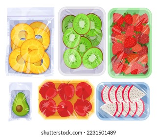 Vacuum food set vector. Fresh organic natural fruits slice in pack wrapped with polyethylene kitchen saran film set. Vegan packet packaging for safe storage and delivery. Supermarket product