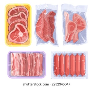 Vacuum food vector. Set of meat, poultry, seafood on plastic trays covered with polyethylene kitchen saran film. Chicken, crawfish, beef steak, sausages, fish fillet assortment