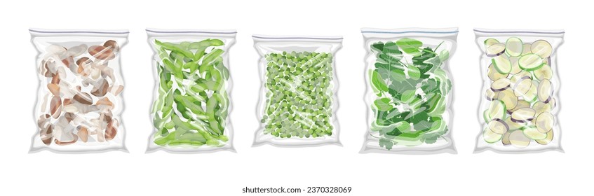 Vacuum Frozen Packed Mushroom and Vegetables Vector Set