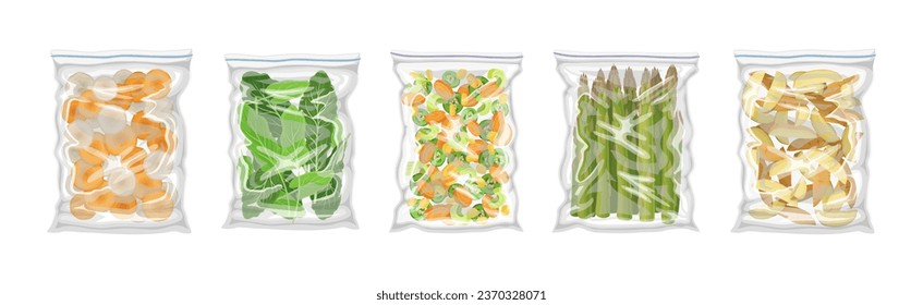 Vegetales envasados congelados por vacío conjunto de vectores entrelazados y en lonchas