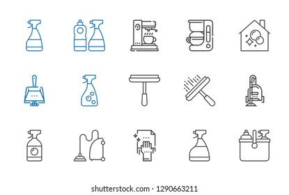 vacuum icons set. Collection of vacuum with cleaning, window cleaner, vacuum cleaner, dustpan, housekeeping, coffee maker. Editable and scalable icons.