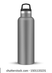 Vacuum insulated water bottle with carry handle, realistic vector mockup. Stainless steel shiny metal sport flask, template.