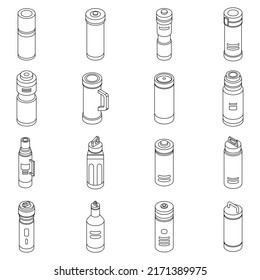 Vacuum insulated water bottle icons set. Isometric set of vacuum insulated water bottle vector icons outline isolated on white background