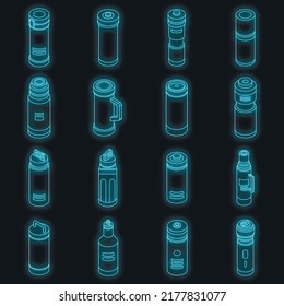 Vakuumisolierte Wasserflaschensymbole setzen. Isometrisches Set mit Vakuum-Isolierwasserflasche, Vektorsymbol auf Schwarz