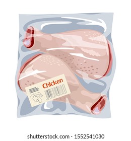 Vacuum packaged frozen raw chicken leg quaters or drumsticks. Fresh poultry meat in plastic transparent bag with food label. Cartoon vector illustration isolated on white background.