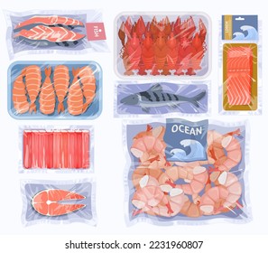 Embalaje de vacío con conjunto vectorial de alimento marino. Filete de salmón, arenque, calamares, camarones, mejillones, cangrejos y mariscos ilustrativos. Producto de supermercado minorista con almacenamiento a largo plazo