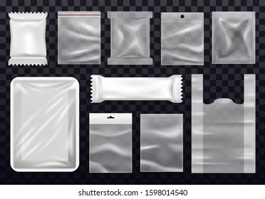 Vacuum Polythene Bag For Shopping And Zip, Realistic Food Package And Supermarket Packet, Sachet And Product Sealed Cellophane Box, Candy Wrap Or Chocolate Wrapper, Confectionary. Blank Template