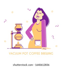 Vacuum Pot or Syphon Coffee Making Concept. Woman Bartender or Waitress Demonstrate Coffee Brewing Method Poster, Menu Banner, Cafe Flyer or Brochure. Cartoon Flat Vector Illustration, Line Art