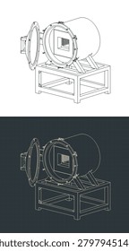 Vacuum quenching machine isometric blueprints, stylized vector illustrations