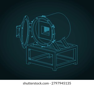 Vacuum quenching machine isometric technical drawing, stylized vector illustration