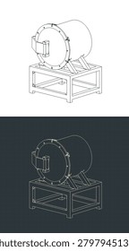 Vacuum quenching machine isometric technical drawings, stylized vector illustrations