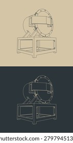 Vacuum quenching machine technical sketches, stylized vector illustrations