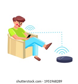 Vacuum Robot Man Controlling With Phone App Vector. Young Boy Sitting On Armchair And Control Vacuum Robot With Smartphone Application. Character And Electronic Technology Flat Cartoon Illustration
