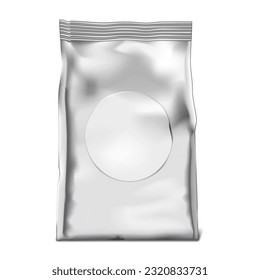 Vacuum sealed foil retort pouch with round paper label sticker realistic mock-up. Blank plastic bag package vector mockup