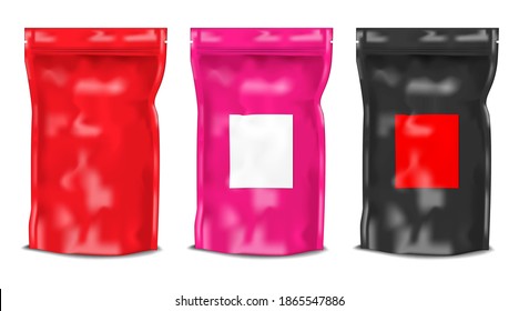 Vacuum stand up pouch with zip lock and blank label sticker. Gusseted bag package with zipper. Color set. Easy to recolor. Vector template for design.