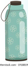 Vacuum thermo bottle with lid and handle vector illustration. Durable and reusable water bottle isolated on white background. Eco-friendly sealed thermos with design elements. Zero waste concept