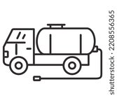 Vacuum truck line icon.Waste disposal machine.Fuel tanker truck.Septic truck for sewage sludge transportation.Outline vector illustration.Isolated on a blue background.