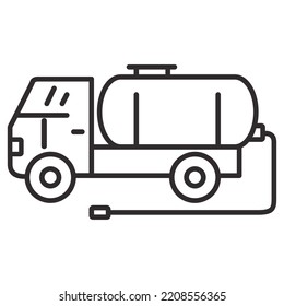 Vacuum truck line icon.Waste disposal machine.Fuel tanker truck.Septic truck for sewage sludge transportation.Outline vector illustration.Isolated on a blue background.