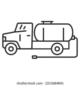 Vacuum truck line icon.Waste disposal machine.Fuel tanker truck.Septic truck for sewage sludge transportation.Outline vector illustration.Isolated on a blue background.