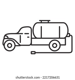 Vacuum Truck Line Icon.Waste Disposal Machine.Fuel Tanker Truck.Septic Truck For Sewage Sludge Transportation.Outline Vector Illustration.Isolated On A Blue Background.