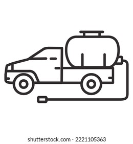 Vacuum truck line icon.Waste disposal machine.Fuel tanker truck.Septic truck for sewage sludge transportation.Outline vector illustration.Isolated on a blue background.