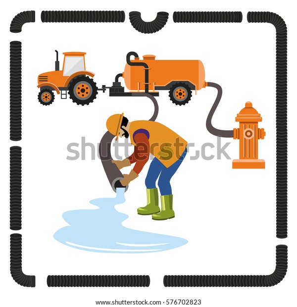 Vacuum truck.
Water dumping. Vector
illustration