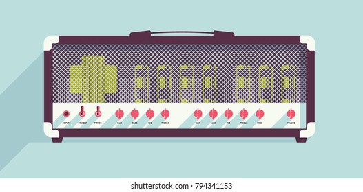 Vacuum tube guitar amplifier head. Musical equipment flat vector illustration.