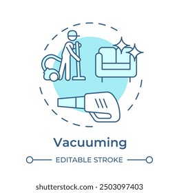 Vacuuming soft blue concept icon. Household vacuum cleaner. Cleanliness disinfectant, detergent. Round shape line illustration. Abstract idea. Graphic design. Easy to use in infographic