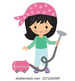 Vacuuming vector cartoon illustration. Vacuum cleaner. Cute girl helper.