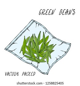 Vacuumizer Food Sealer. Green Beans. For Vegetarians. What is Sous-Vide. Slow Cooking Technology. Chief Cuisine Collection. EPS10 Vector. Hand Drawn Doodle Style Realistic Illustration.