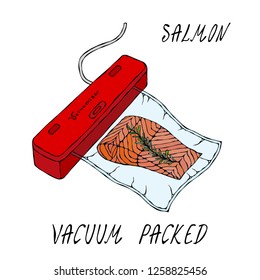 Vacuumizer Food Sealer. What is Sous-Vide. Slow Cooking Technology. Vacuum Packed Salmon Steak.. Chief Cuisine Collection. EPS10 Vector. Hand Drawn Doodle Style Realistic Illustration.