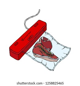 Vacuumizer Food Sealer. What is Sous-Vide. Slow Cooking Technology. Perfect Tender Juicy Meat Steak. Chief Cuisine Collection. EPS10 Vector. Hand Drawn Doodle Style Realistic Illustration.