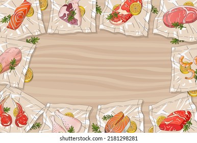 Vacuum-packed Meats Lie Around The Table Top View. Vector Hand Drawn Sketch Illustration Of Sous-Vide Slow Cooking Technology.