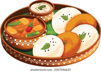 Vada, Idli y Sambar con Chutney de coco en ollas de barro servidas en hoja de plátano en un Mud Thali. Auténtica cocina del sur de la India 